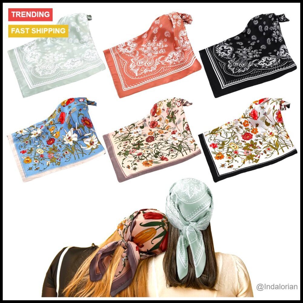 Silk-Like Square Scarves Set of 6 Lightweight Paisley Floral Elegant Accessories